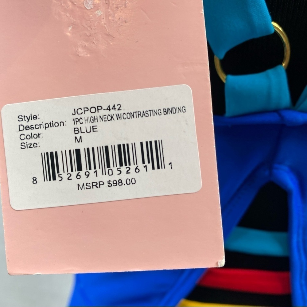 Juicy Couture Swimsuit 1 Piece High Neck Contrasting Binding JCPOP 442 Med Blue - Picture 8 of 11